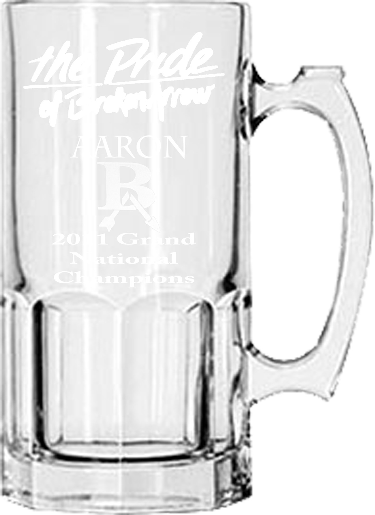 Glass Mug - HUGE 1 Liter, 32 oz. MUG - Personalized, Custom Engraved, Etched - Pride of Broken Arrow Grand National Champs
